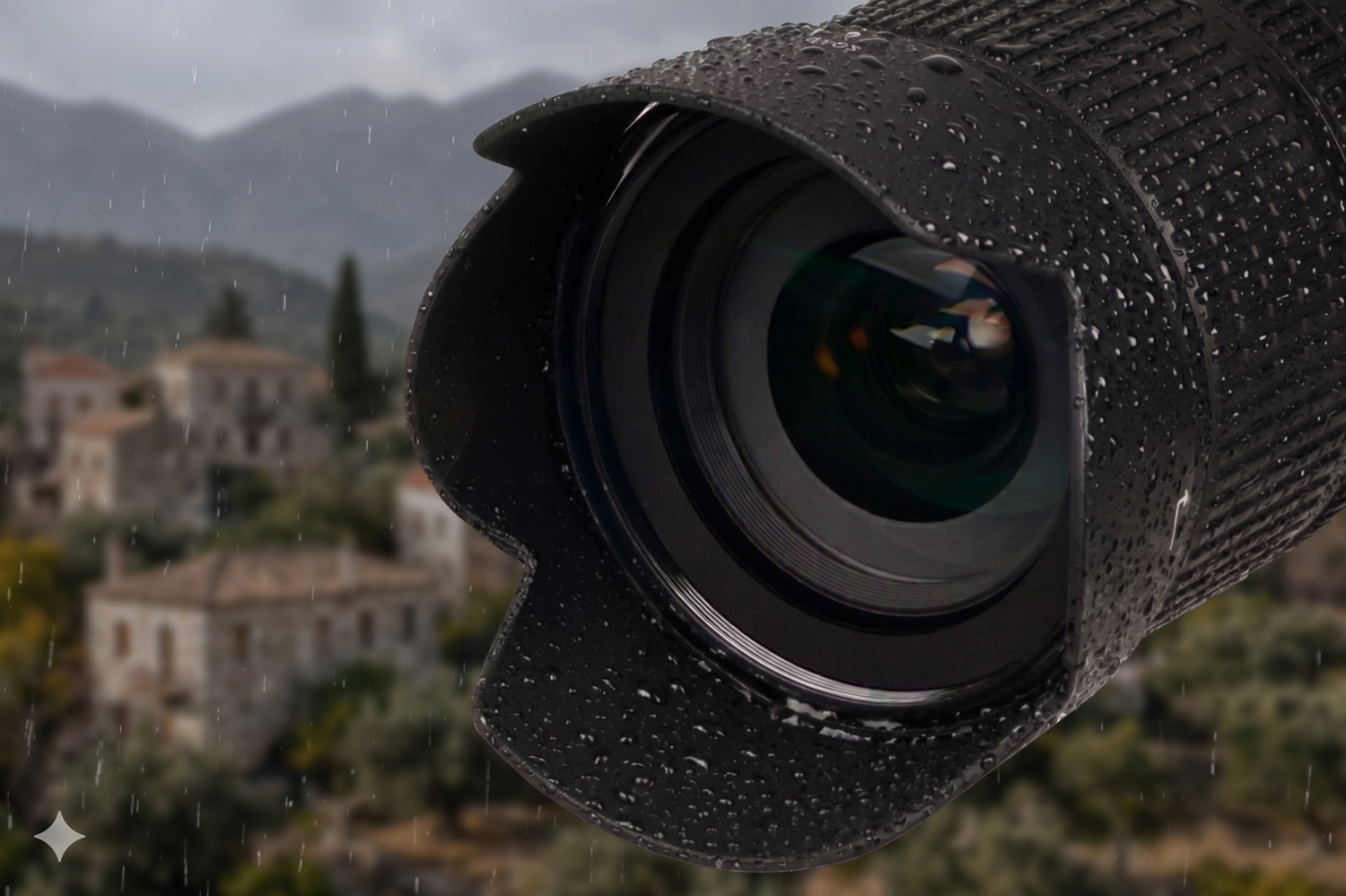Cameralens met zonnekap in de regen