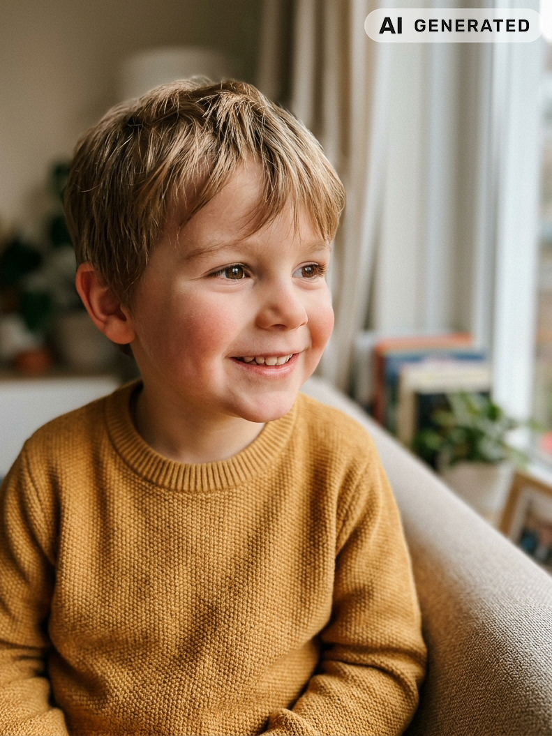 Door AI gegenereerd beeld: Jongetje kijkt uit het raam