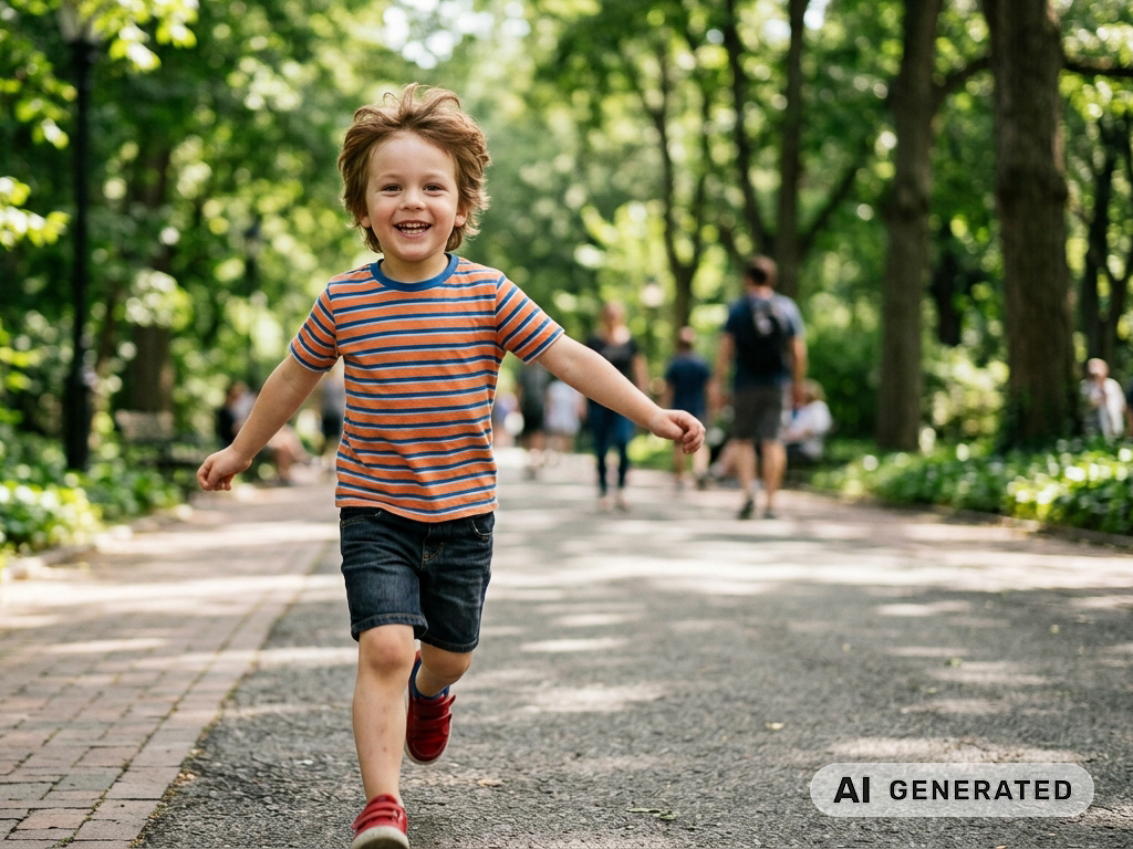 Door AI gegenereerd beeld van jongen die blij door het park rent