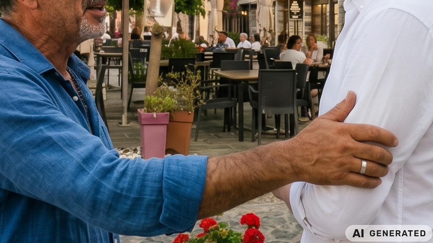 Door AI gegenereerd beeld van een oudere Griekse man die zijn hand op de arm van een Nederlander legt, op het plein van Xirokambi.